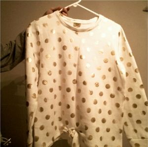 long sleeve white shirt with gold polka dots